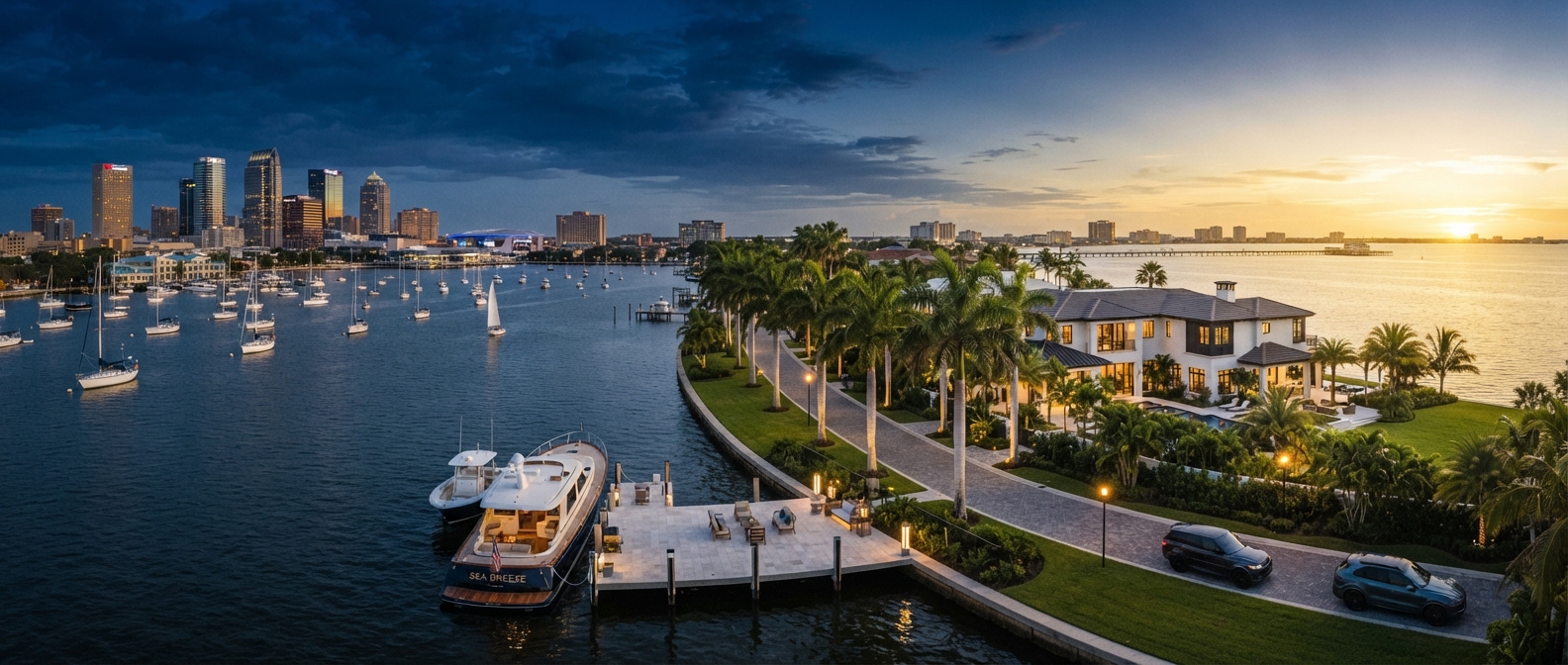 Tampa Bay luxury buyer reviewing a waterfront property agreement with their agent