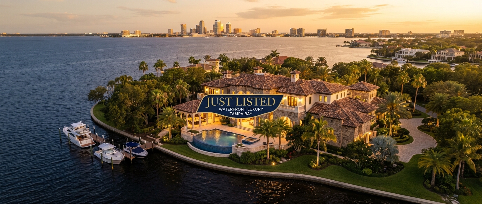 Tampa Bay luxury home front facade at dusk, ready for a narrative-led listing launch