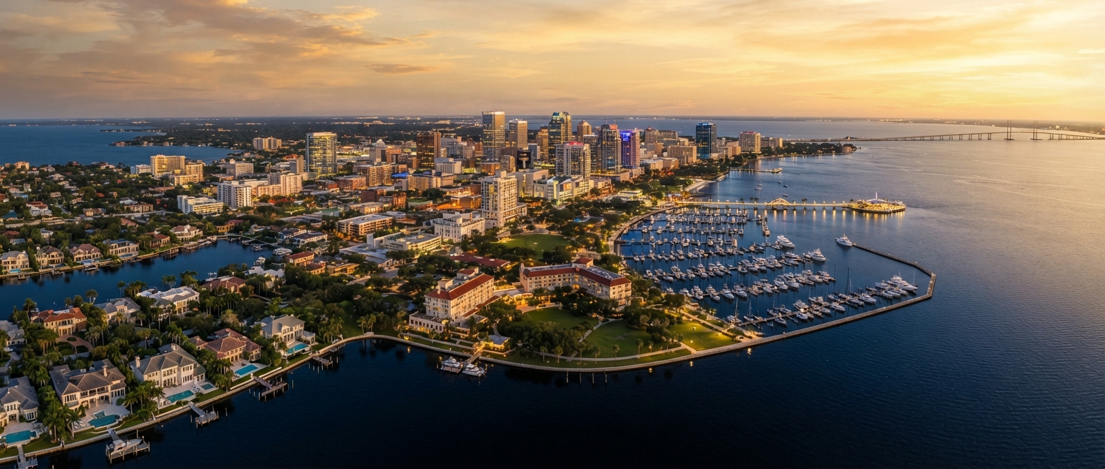Editorial cinematic aerial of St. Petersburg Florida waterfront at golden hour, downtown skyline + waterfront mansions + marina