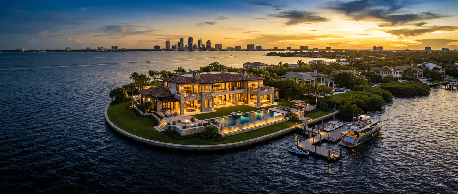 Aerial of a Tampa Bay luxury waterfront mansion with infinity pool and private dock at golden hour
