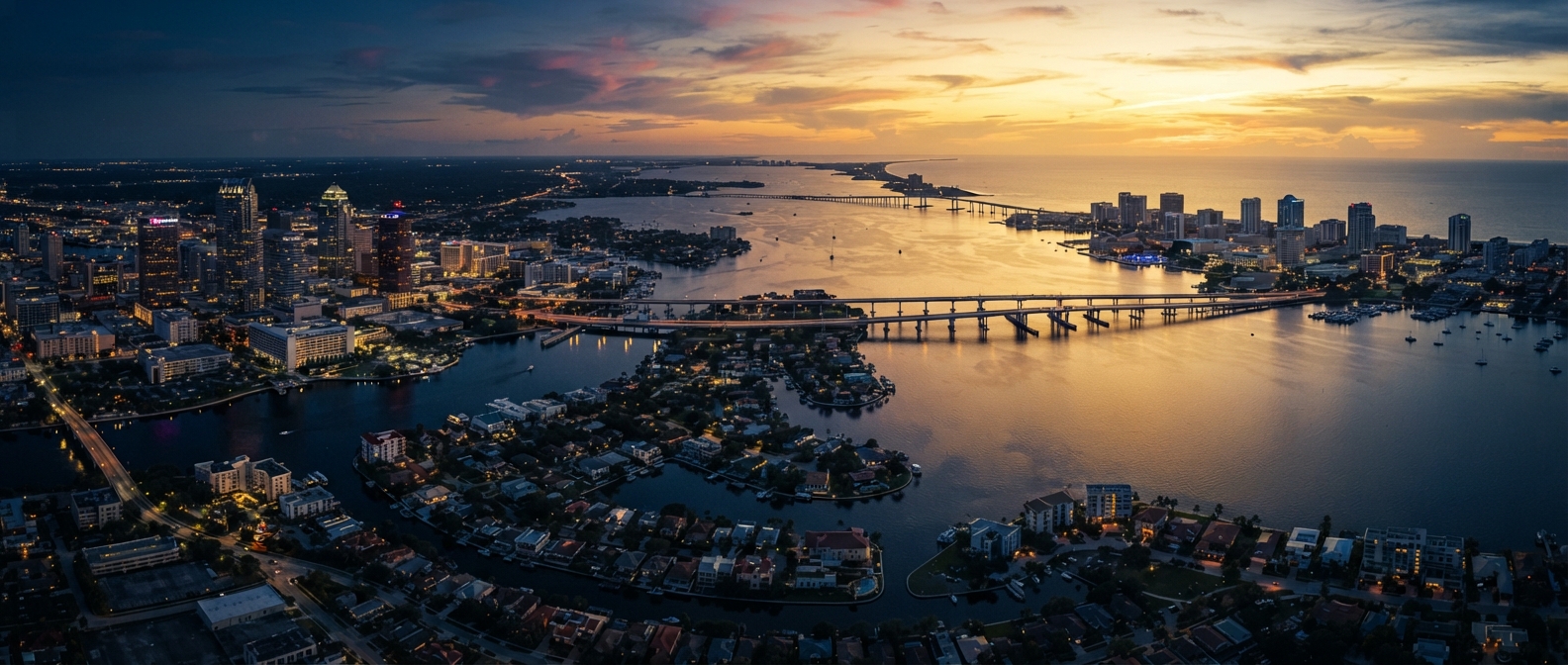 Cinematic aerial of Tampa Bay at golden hour